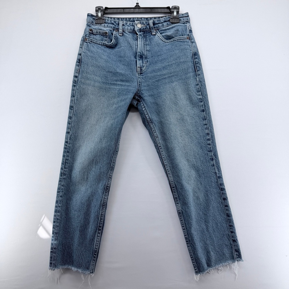 TOPSHOP Straight Leg Jeans W28‎ L30 Medium Wash Blue Raw Hem High Waist Denim